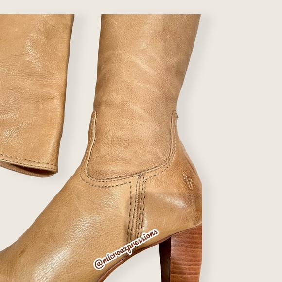 $399 Frye Miranda Back Zip Tan Distressed Heeled Fold Over Knee High Tall Boot - Picture 7 of 12